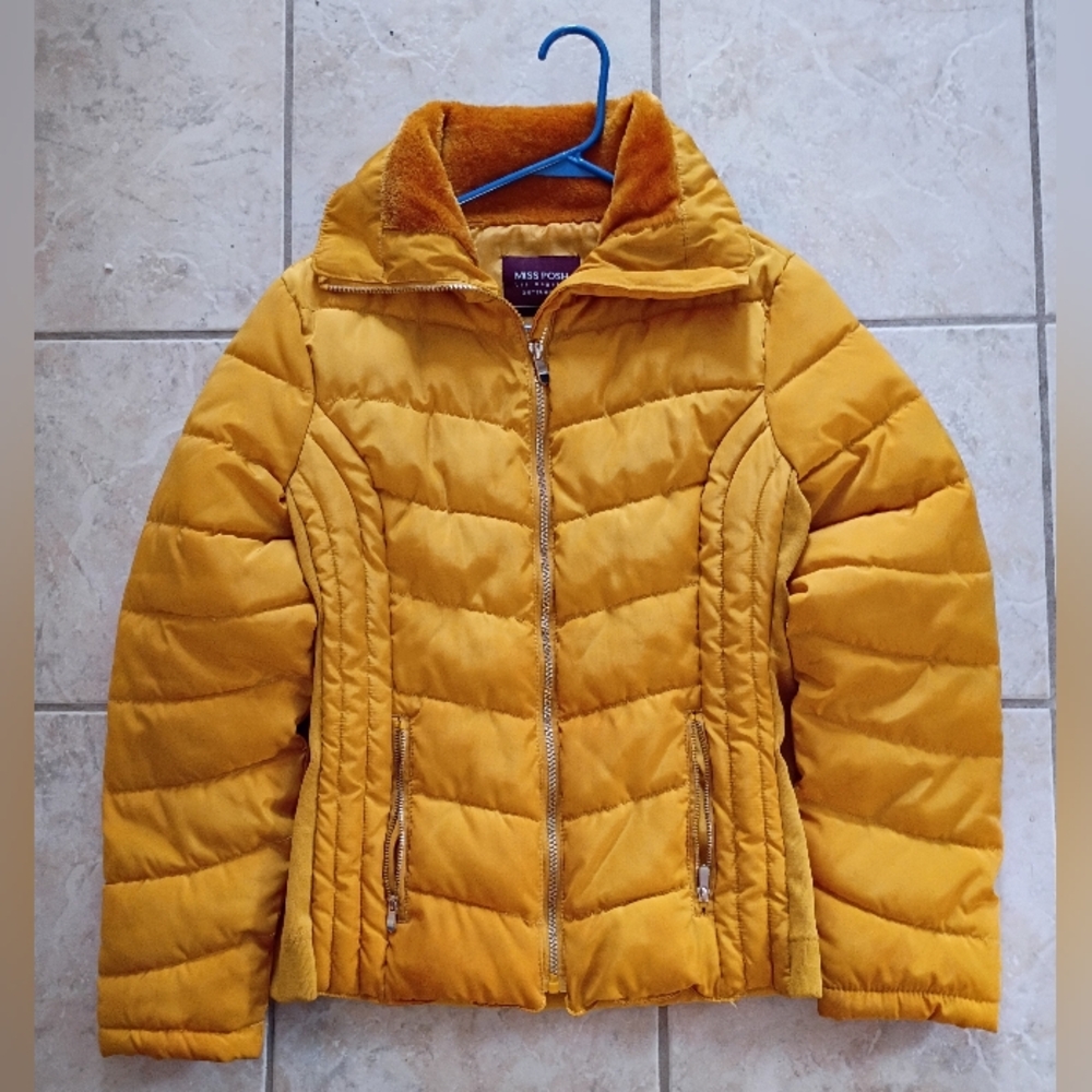 Miss Posh Mustard Yellow Quilted Puffer Jacket with Faux-Fur Collar